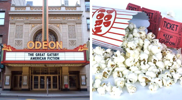 Vintage theater marquee displays "The Great Gatsby" and "American Fiction." Next to it, spilled popcorn and movie tickets are shown.