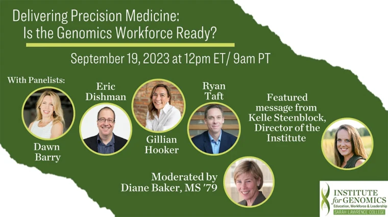 Event poster for "Delivering Precision Medicine: Is the Genomics Workforce Ready?" on September 19, 2023, featuring panelists and moderator.