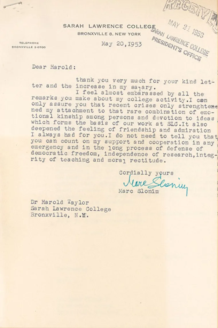 Typed letter from Sarah Lawrence College, dated May 20, 1953, expressing gratitude for a salary increase and ensuring support and cooperation.