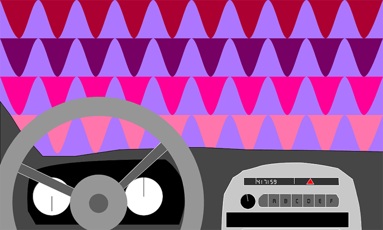 Car dashboard view with colorful, wavy patterns in shades of red, pink, and purple outside the windshield; includes steering wheel and radio display.
