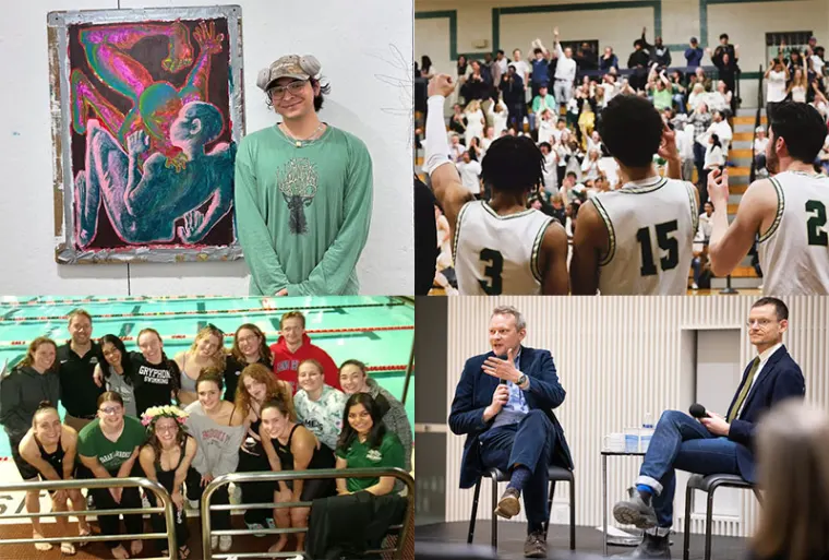 Collage of four images: person with artwork, basketball team celebrating, swim team group photo, and two people speaking on stage with microphones.