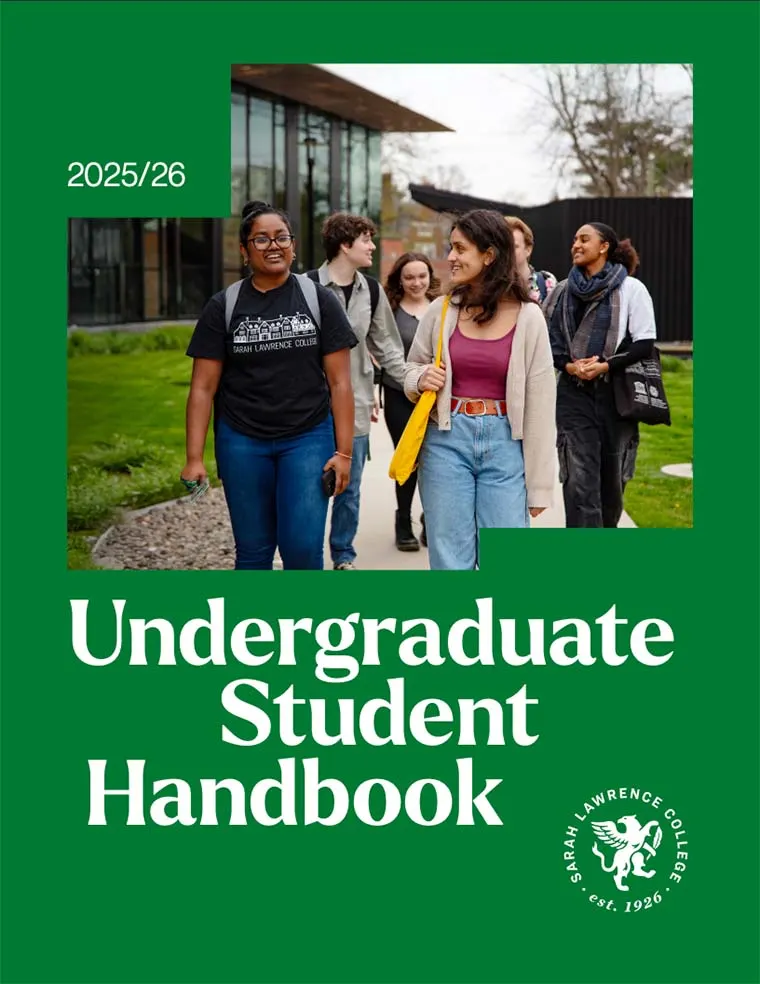 Students walking outside a modern building, smiling and talking, with "Undergraduate Student Handbook 2025/26" text and a college logo.