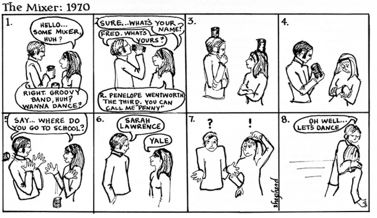 Two people talk at a dance mixer in 1970, discussing names and schools. After a moment of surprise, they decide to dance.