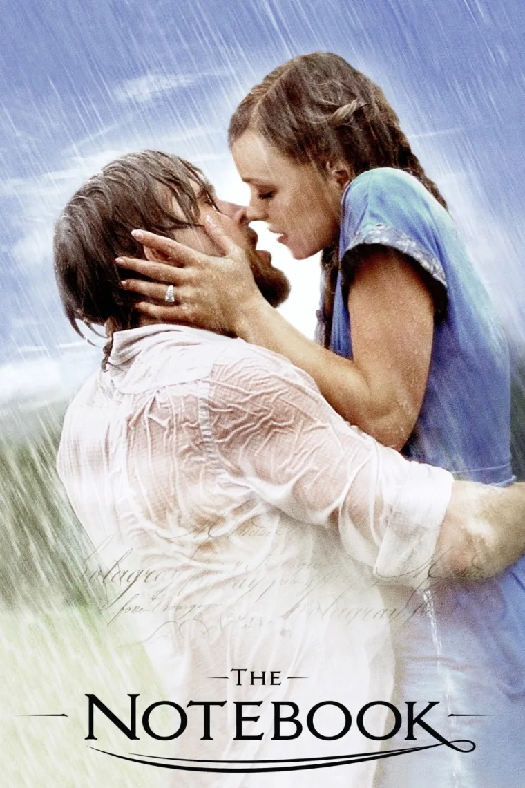 Two people kiss passionately in the rain, both wearing wet clothing. Text "The Notebook" appears at the bottom.
