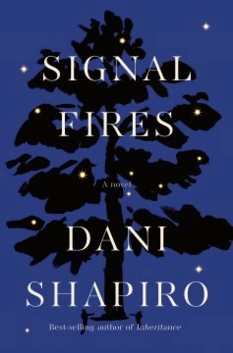 Book cover for "Signal Fires" by Dani Shapiro. Features a silhouetted tree against a blue sky with stars. Title and author's name in white.