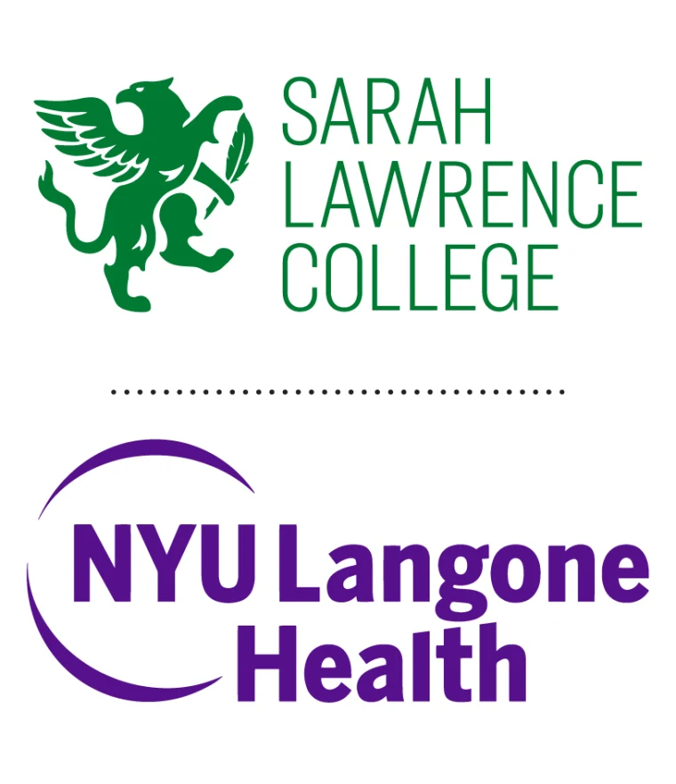 Sarah Lawrence College logo with green griffin above dotted line. Below, NYU Langone Health logo in purple with curved line design.