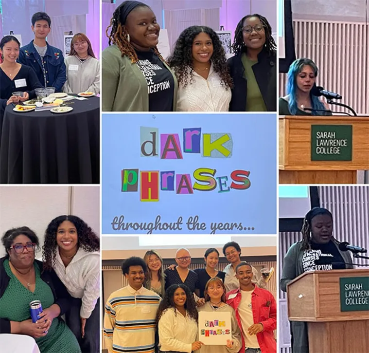 Collage of people at an event, with "Dark Phrases" sign, a podium with "Sarah Lawrence College," and a person speaking.