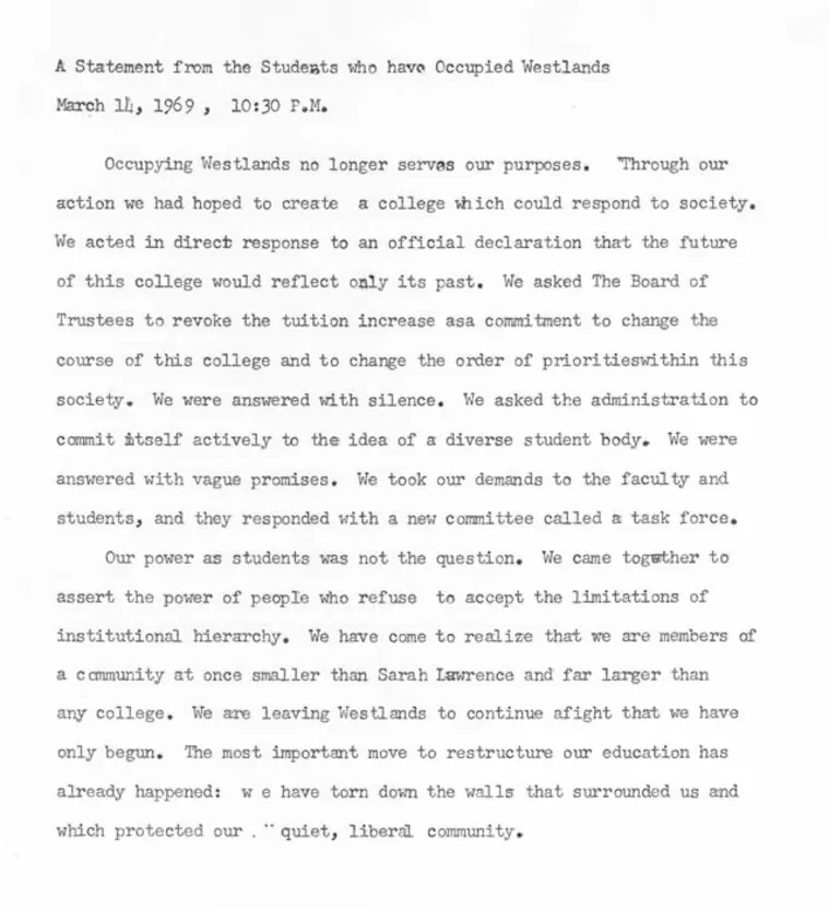 Typed statement from students who occupied Westlands on March 11, 1969, discussing demands for educational reform and a diverse student body.