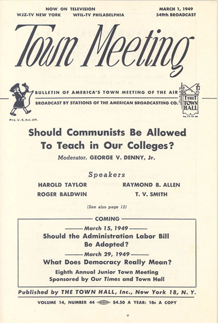 Town Meeting bulletin from March 1, 1949, discussing communism in colleges. Lists speakers and upcoming topics on labor and democracy.