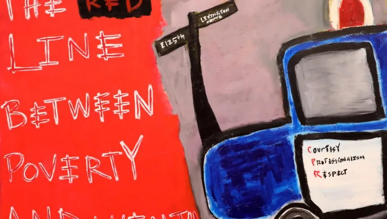 Abstract painting with red and gray background, featuring a blue vehicle and text reading "THE RED LINE BETWEEN POVERTY AND WEALTH."