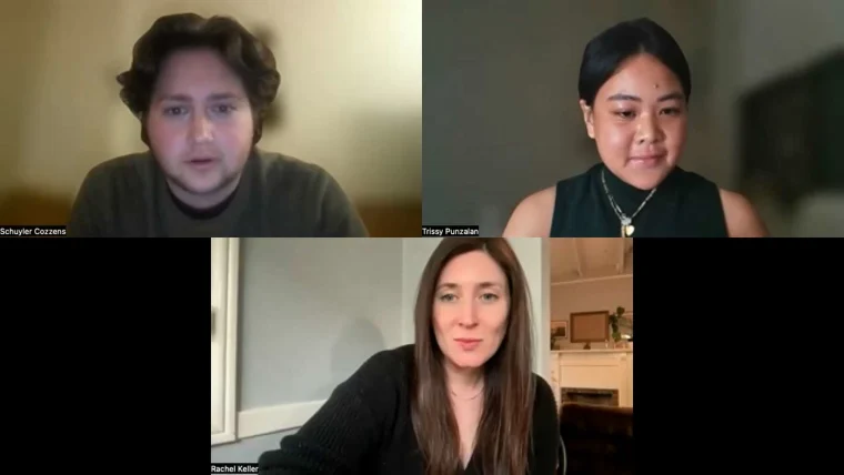 Three people are in a virtual meeting, each in separate frames, with two above and one below.
