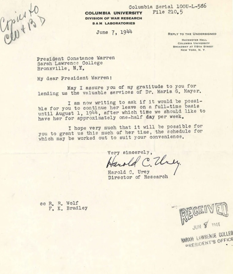 Letter dated June 7, 1944, from Columbia University requesting continuation of Dr. Maria G. Mayer's leave, stamped "Received June 8, 1944."