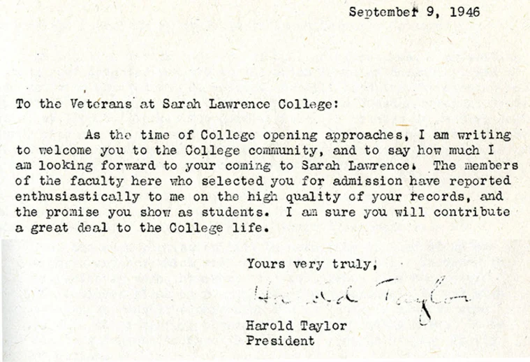 Typed letter dated September 9, 1946, welcoming veterans to Sarah Lawrence College, signed by Harold Taylor, President.