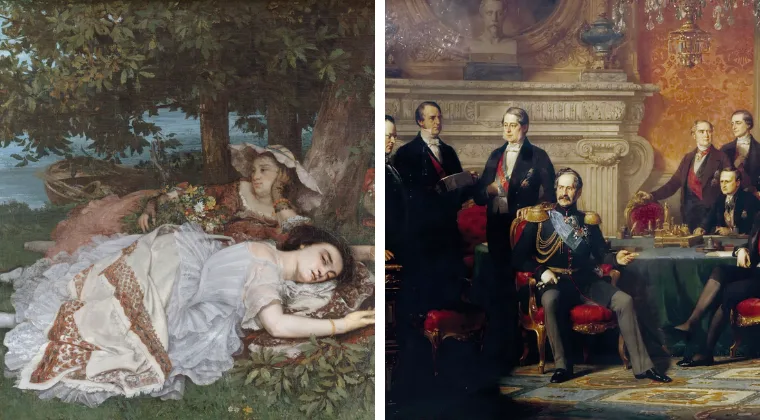 Two paintings: one shows two people resting under a tree; the other depicts a group of individuals in formal attire gathered indoors.