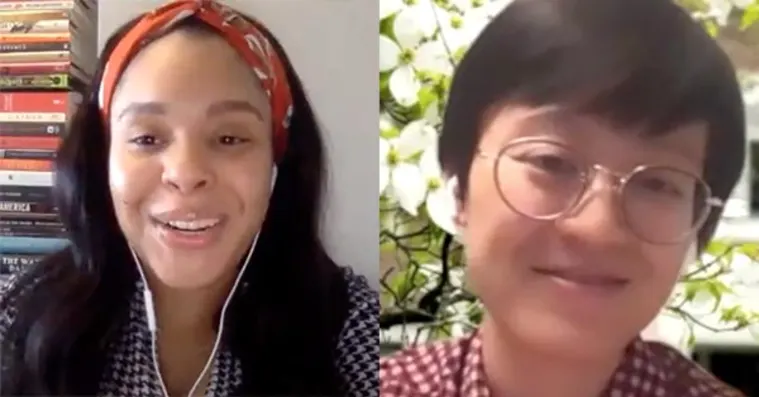 Two people smiling during a video call; one has long hair and books in the background, the other has short hair and a floral background.