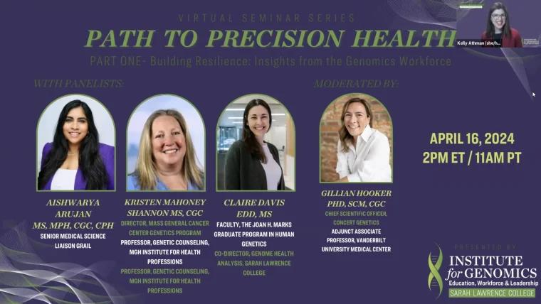 Virtual seminar titled "Path to Precision Health" with four panelists and a moderator listed, event date April 16, 2024.