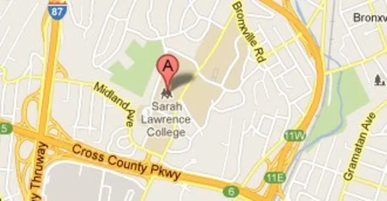Map showing Sarah Lawrence College, marked by a red pin labeled "A," near Midland Ave, Cross County Parkway, and I-87.