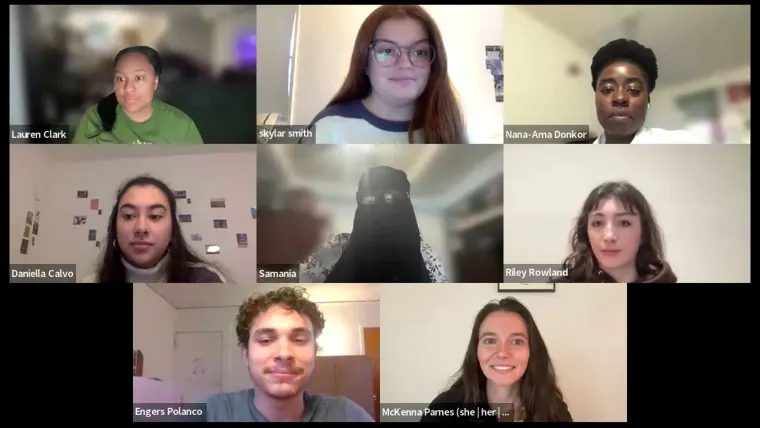 Nine people on a video call in a grid view. Each has a name label. Backgrounds vary, and some names are partially visible.