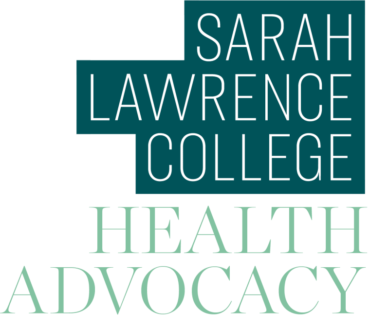 Logo for Sarah Lawrence College Health Advocacy, with white text on a teal background.