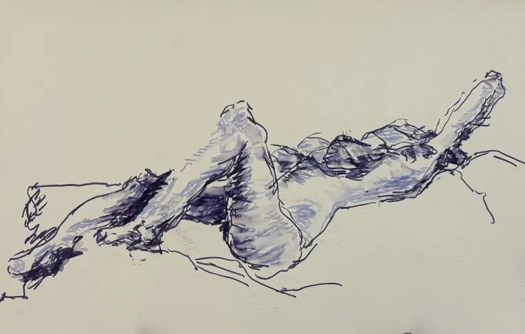 Abstract ink drawing of a reclining figure with one leg bent, outlined in expressive lines on a light background.