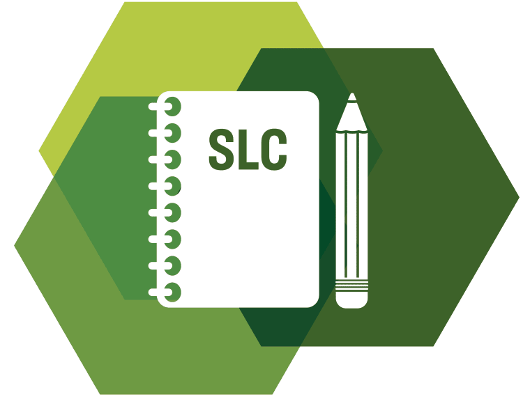 Notebook with "SLC" text and pencil on green hexagonal background.