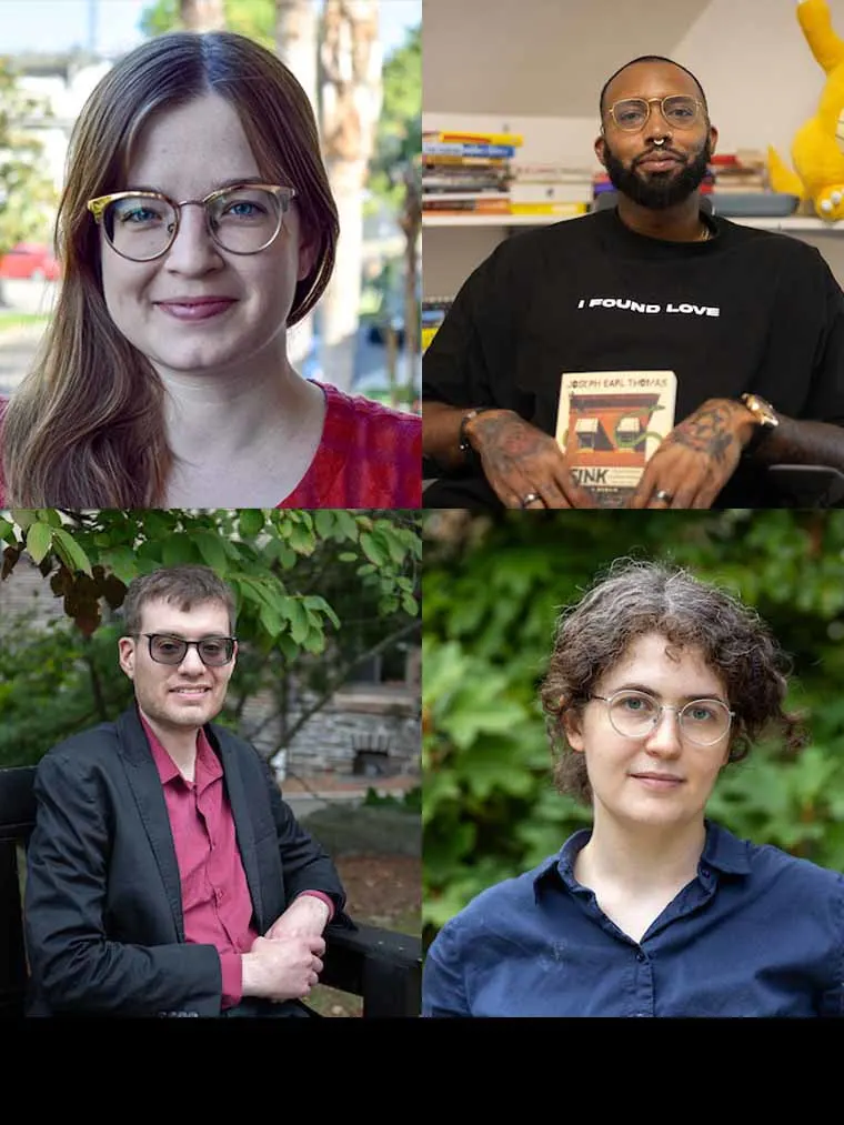 Four people with glasses shown in separate portraits. Top two are outdoors and indoors, bottom two sit outdoors near greenery.