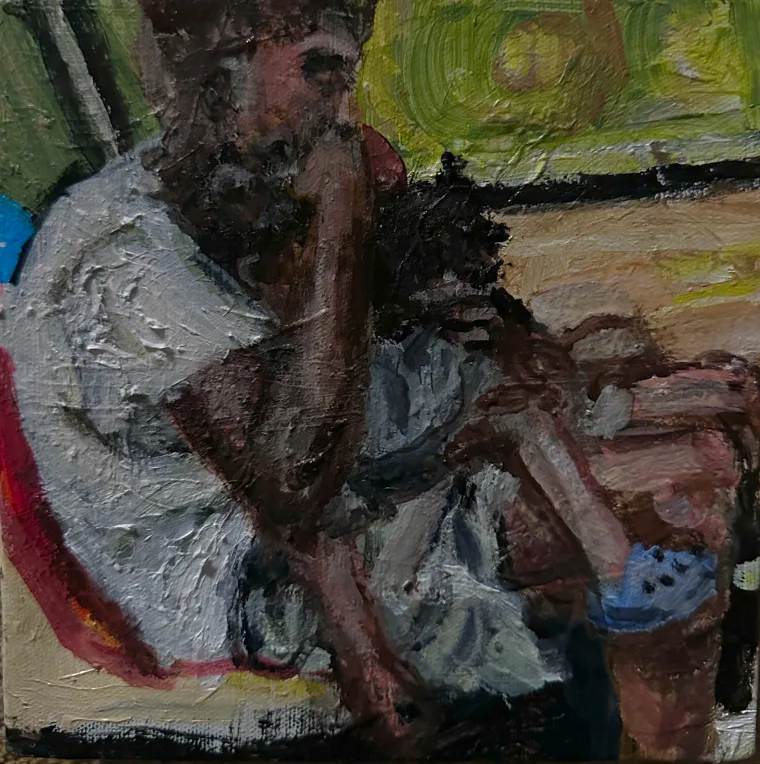 A textured painting of a person sitting with a child on their lap, set against a abstract background with green and yellow tones.