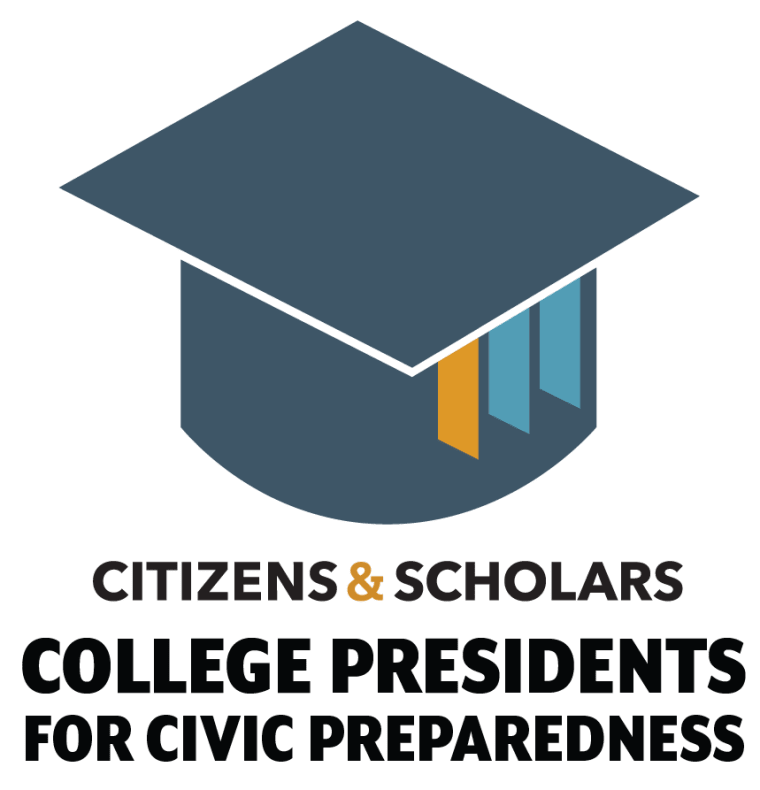 Graduation cap with colored tassels above text: "Citizens &amp; Scholars, College Presidents for Civic Preparedness."