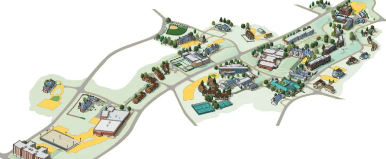 Illustrated campus map with various buildings, roads, trees, and green areas.