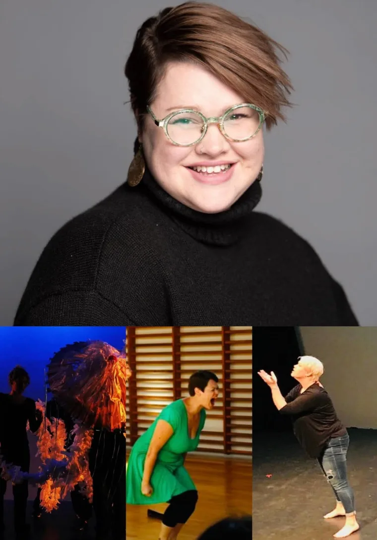 Collage showing a smiling person with glasses, followed by three images of expressive dance performances.