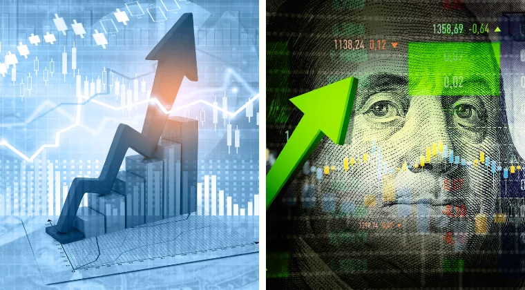 Graph with upward arrow, bar chart, and financial stock data overlaying an image of currency.