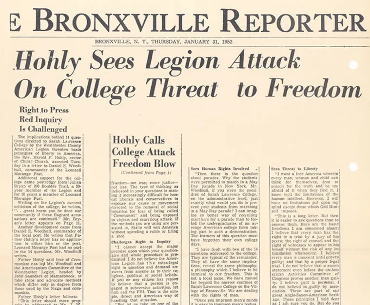 Vintage newspaper front page titled "Hohly Sees Legion Attack On College Threat to Freedom," dated January 31, 1952.