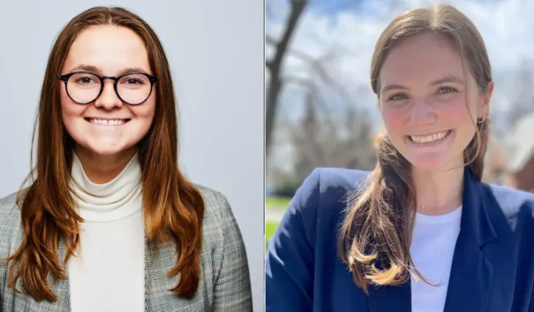 Two people smiling; the left person wears glasses and a plaid blazer, the right person wears a blue blazer. Outdoor and indoor settings.