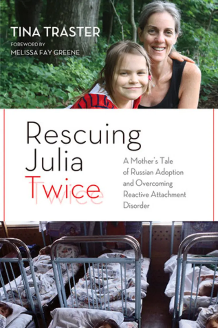Book cover of "Rescuing Julia Twice" by Tina Traster, featuring two people outdoors and sleeping children in cribs in a dimly lit room.