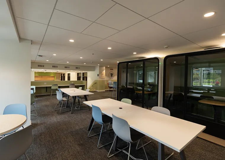 Modern office space with long tables, chairs, and partitioned rooms. Soft lighting and carpeted floors create a welcoming atmosphere.