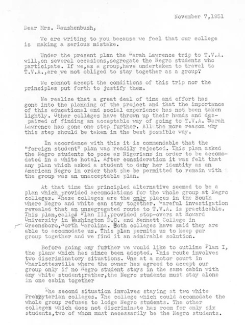 Typed letter dated November 7, 1951, addressing segregation concerns regarding a college trip for students.