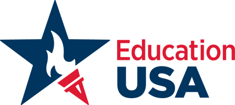 Blue star with a white torch icon to the left of red text "Education" and blue text "USA" on a white background.
