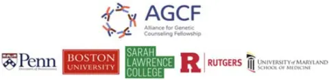 Logos of the Alliance for Genetic Counseling Fellowship and five universities: Penn, Boston, Sarah Lawrence, Rutgers, and Maryland.