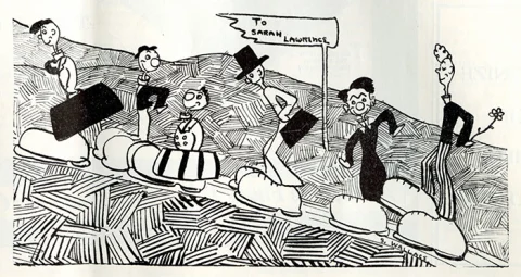 Six figures with different expressions walk in a zigzag pattern on oversized slippers. A sign reads, "To Sarah Lawrence."