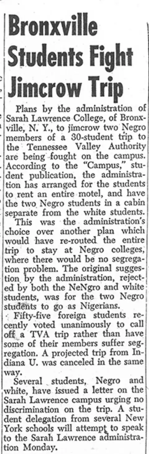 Newspaper clipping titled "Bronxville Students Fight Jimcrow Trip," discussing student protests at Sarah Lawrence College against segregation on a trip.