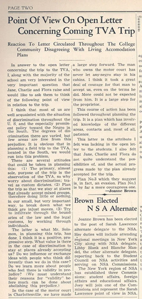 Newspaper article titled "Point of View on Open Letter Concerning Coming TVA Trip" discusses discrimination, with a sub-article on "Brown Elected NSA Alternate."