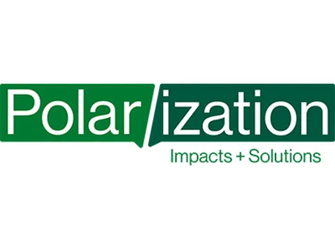 The word "Polarization" is split by a green slash, with "Impacts + Solutions" below, all in green text on a white background.