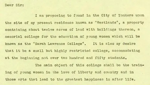 Typed letter proposing the founding of Sarah Lawrence College in Yonkers, mentioning plans for a small college on a twelve-acre property.