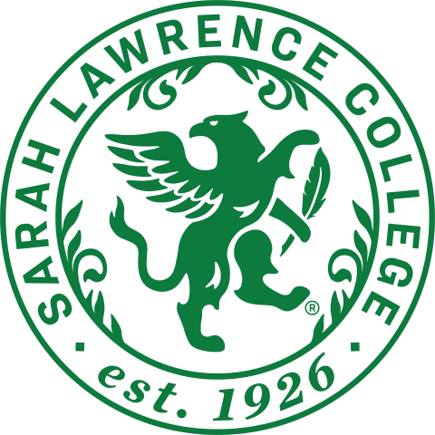 Green circular emblem of Sarah Lawrence College with a griffin holding a quill in the center, surrounded by text, "est. 1926".
