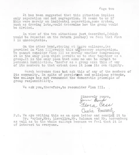 Typed letter discussing opposition to a suggested plan, advocating reconsideration of alternatives to avoid unnecessary segregation. Contains signatures.