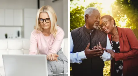 Person using a laptop at home; two people sharing a happy moment outdoors at sunset.