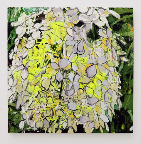 Abstract painting of clustered white and pale purple flowers with vibrant green and yellow background.