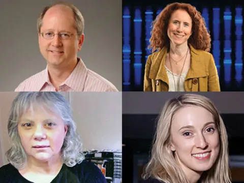 Four people in a grid, each smiling at the camera. The backgrounds vary between plain and decorative.
