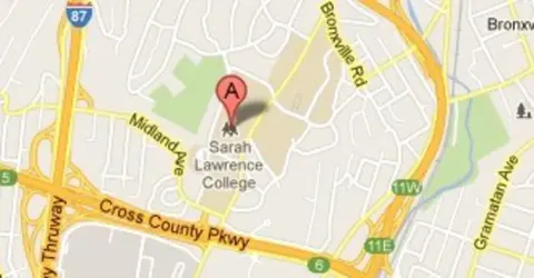 Map showing location of Sarah Lawrence College near Bronxville Rd, Midland Ave, and Cross County Pkwy in New York, marked with a pin labeled "A".