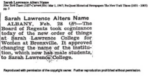 Newspaper excerpt discussing the name change of Sarah Lawrence College, noting the inclusion of male students and removal of "Women" from the name.